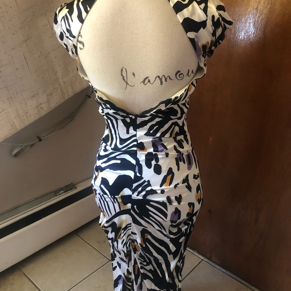 Cache SILK MIDI DRESS CAP SLEEVES BODYCON FIT PADDED BRA SEXY ZEBRA STRIPE SZ 2 - Picture 7 of 16